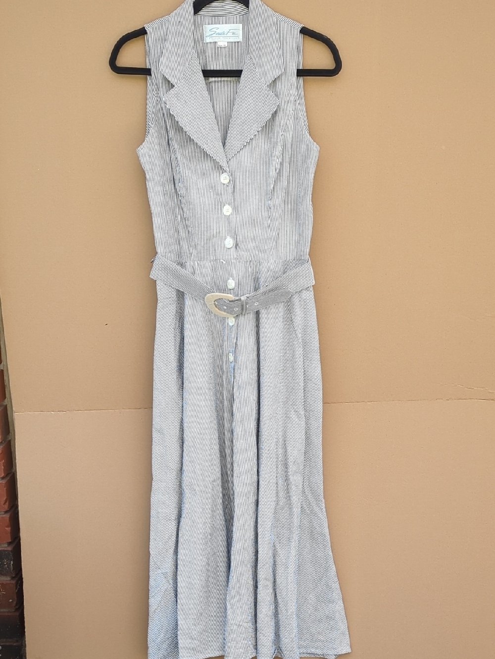 Vintage Santa Fe Jim Tremblay Maxi Dress 10 Gray Stripes Notched Collar Belted